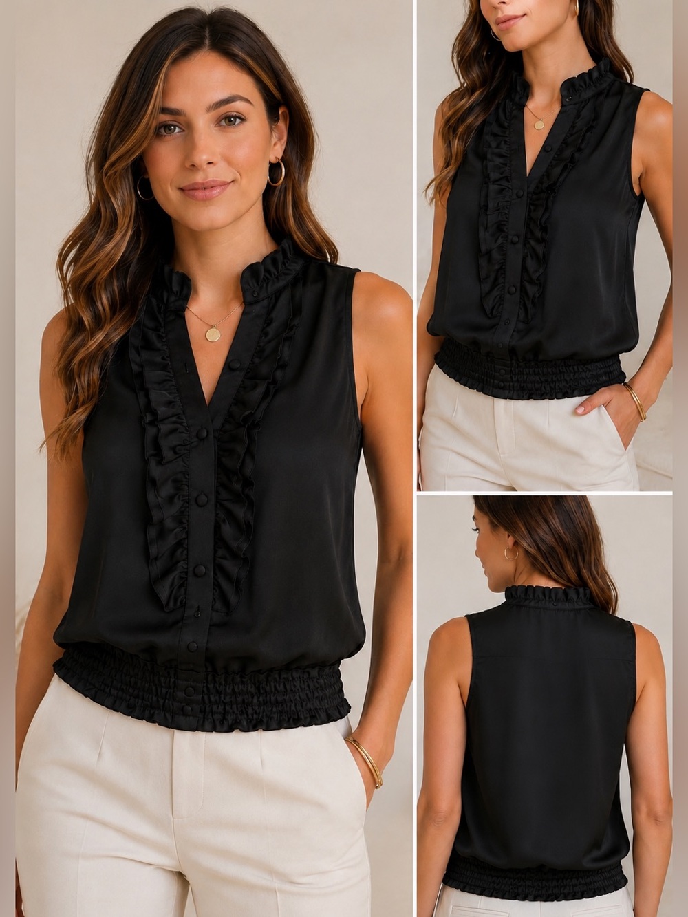 Boutique Hannah Jones New York Black Ruffle Sleeveless Blouse – Size Medium